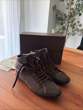 Louis Vuitton Brown Leather High-Top Sneakers with Monogram Tongue